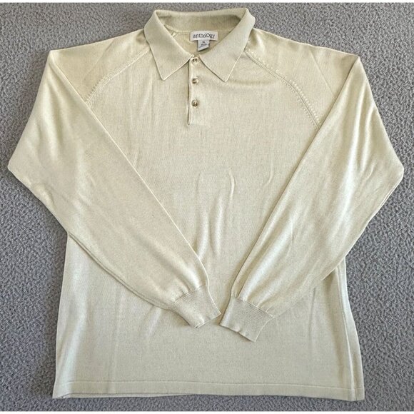 Anthology Sweater 100% Silk Knit Henley Pullover Retro Sand Beige - Picture 1 of 16